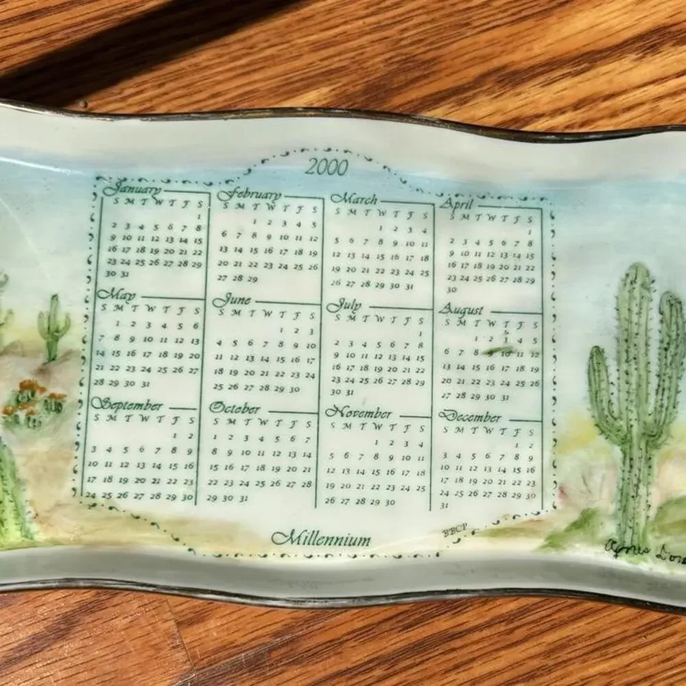 Y2K millennium year 2000 calendar cactus gold rim painted ceramic jewelry dish